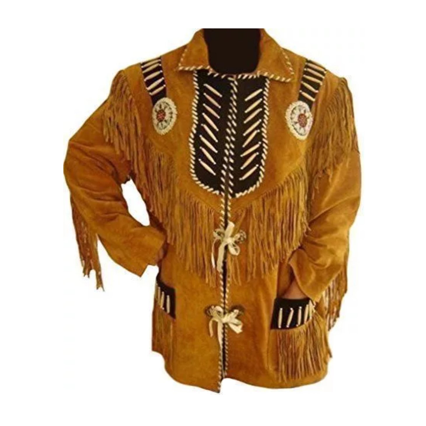 Men's Traditional Western Cowboy Suede Leather Jacket coat with fringe and beads