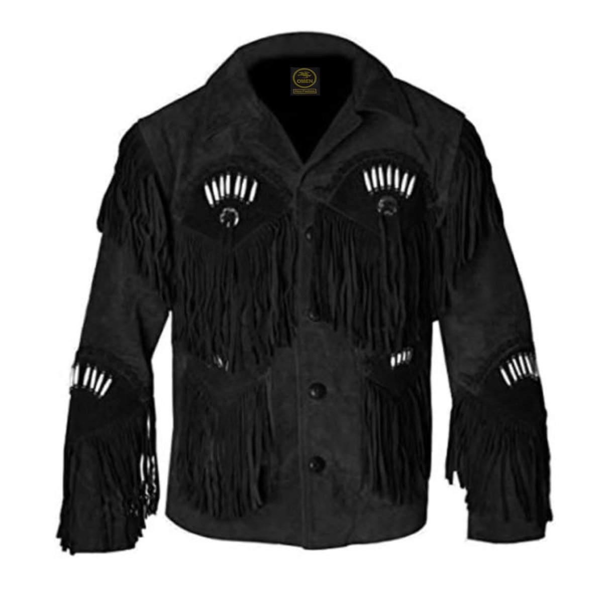 Men Native American Mountain Cowboy Western Leather Jacket with Fringes & Bones