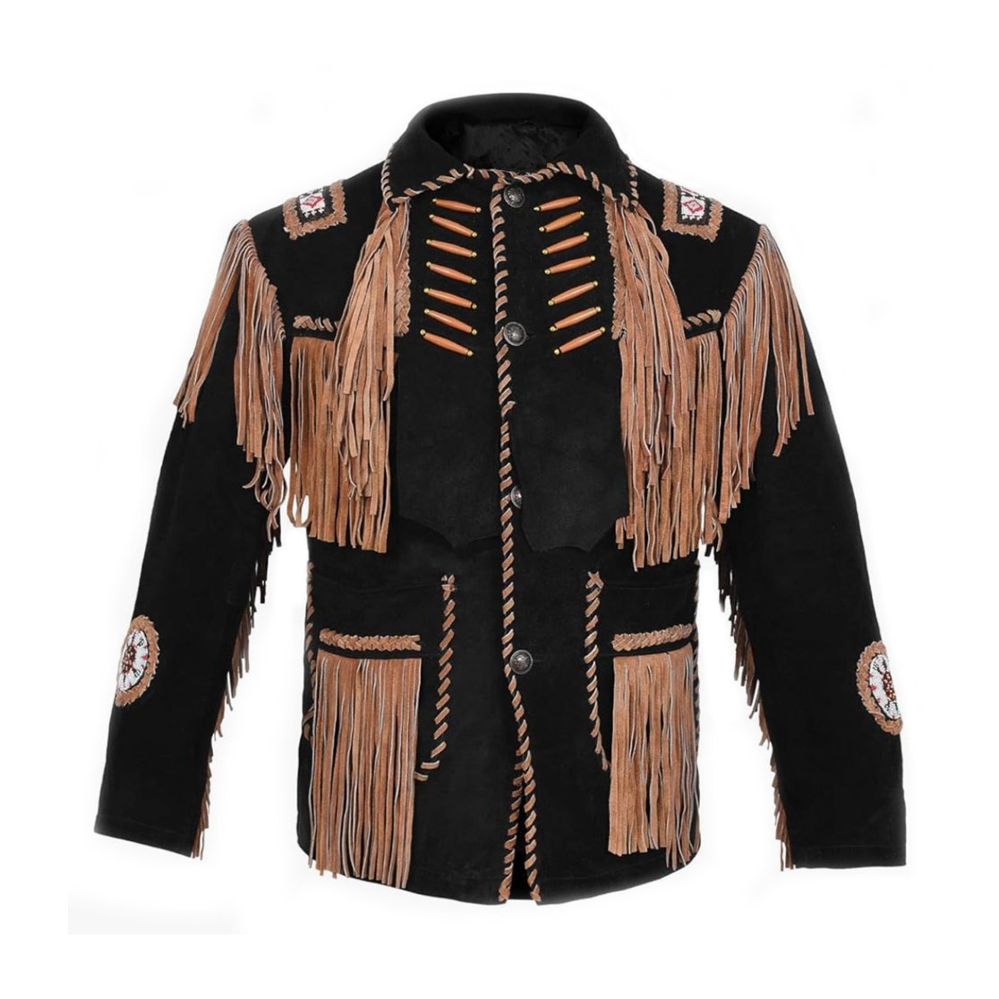 Men's Traditional Cowboy Western Leather Jacket Coat with Fringe Bones & Beads