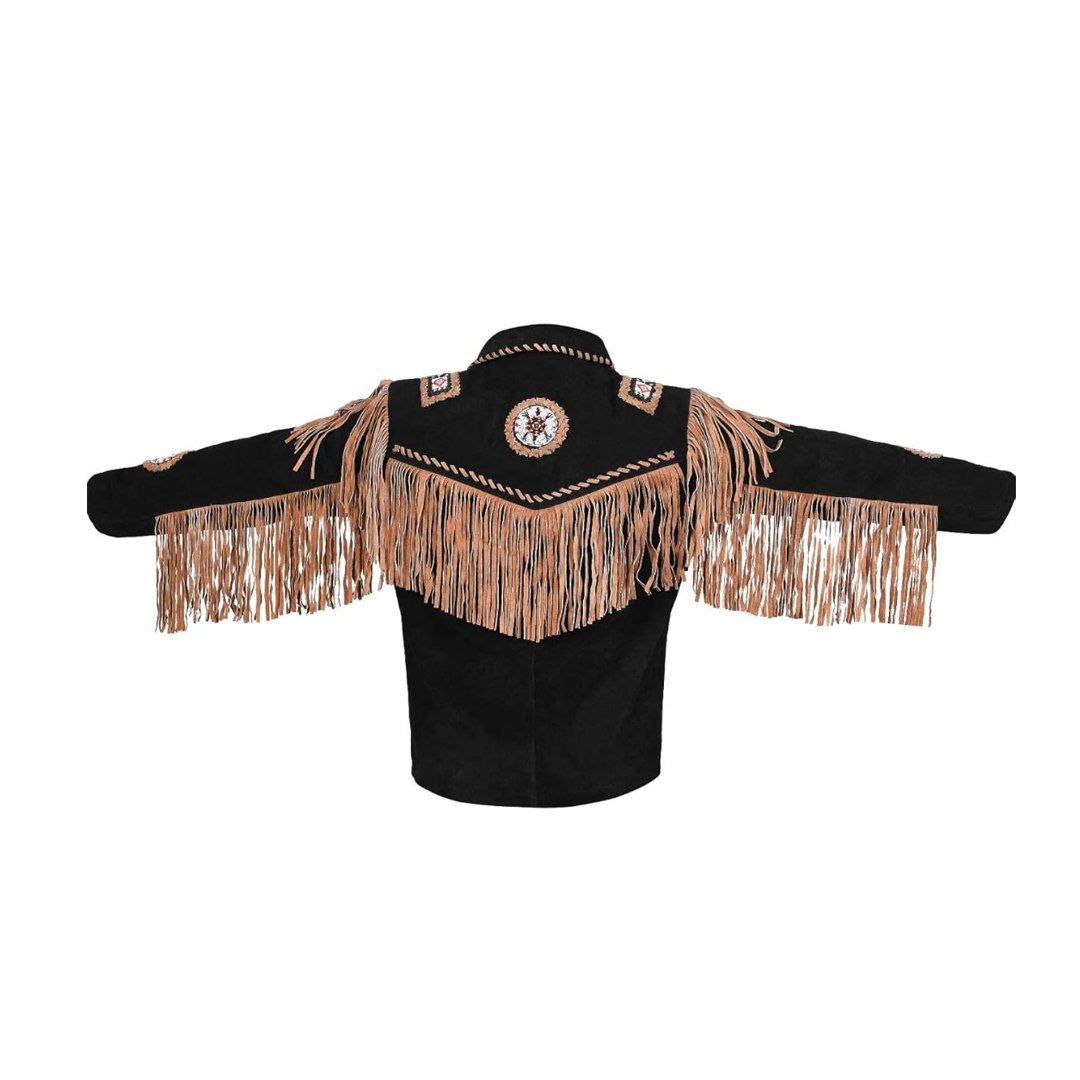 Men's Traditional Cowboy Western Leather Jacket Coat with Fringe Bones & Beads - Image 4