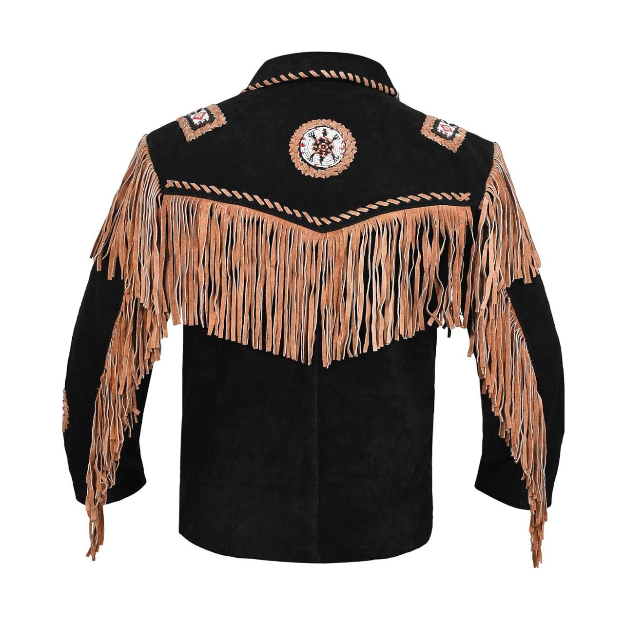 Men's Traditional Cowboy Western Leather Jacket Coat with Fringe Bones & Beads - Image 3