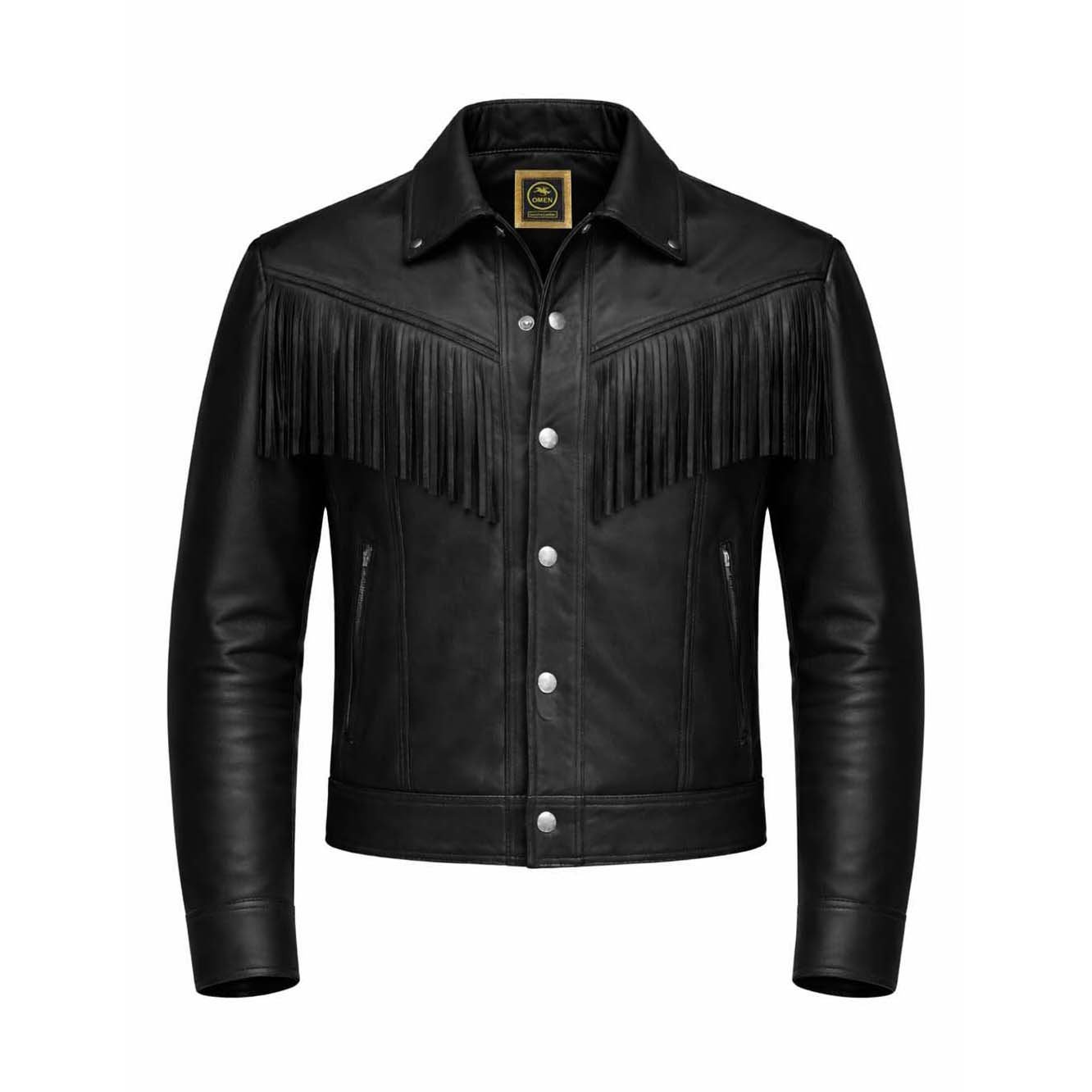 Black Genuine Cow Leather Fringe Jacket for Men Western Cowboy Style Snap Button Biker Jacket Handmade Classic Fashion Coat