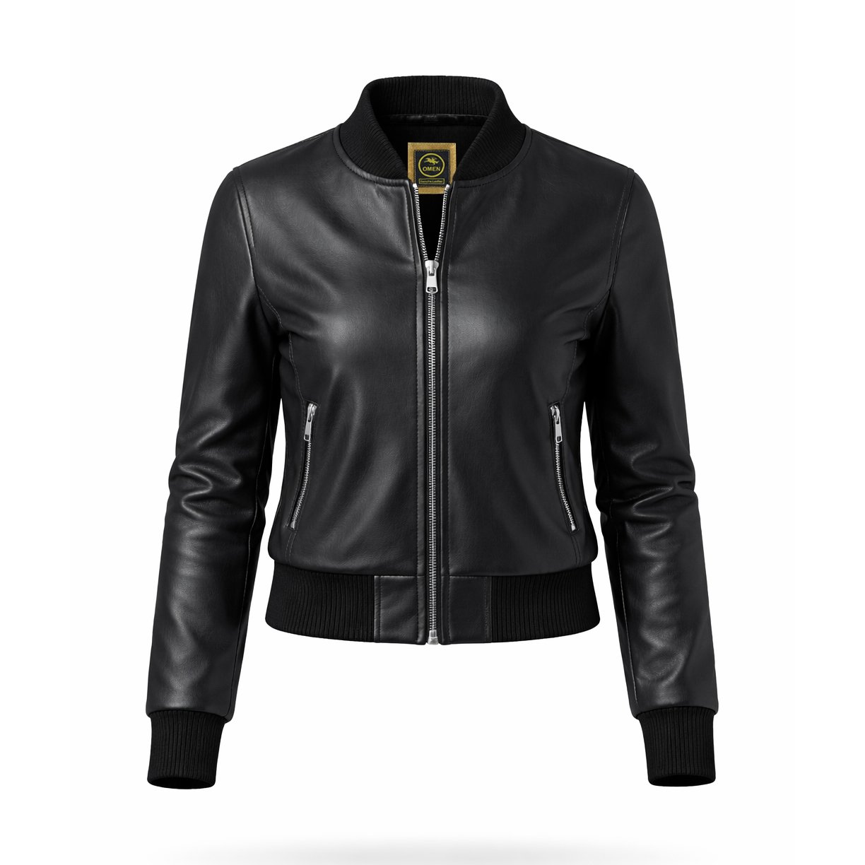 Women’s Black Leather Bomber Jacket Minimal Zip-Up Streetwear, Cropped Fashion Outerwear, Genuine Leather, Casual Chic