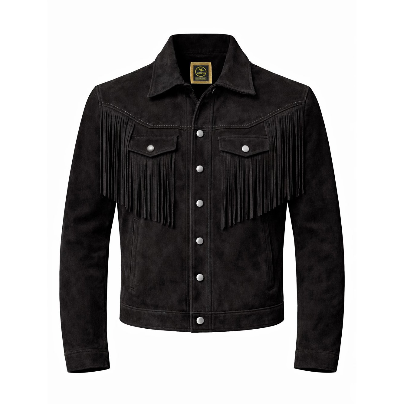 Men’s Black Suede Fringe Jacket Western Cowboy Style Snap Button Trucker Coat