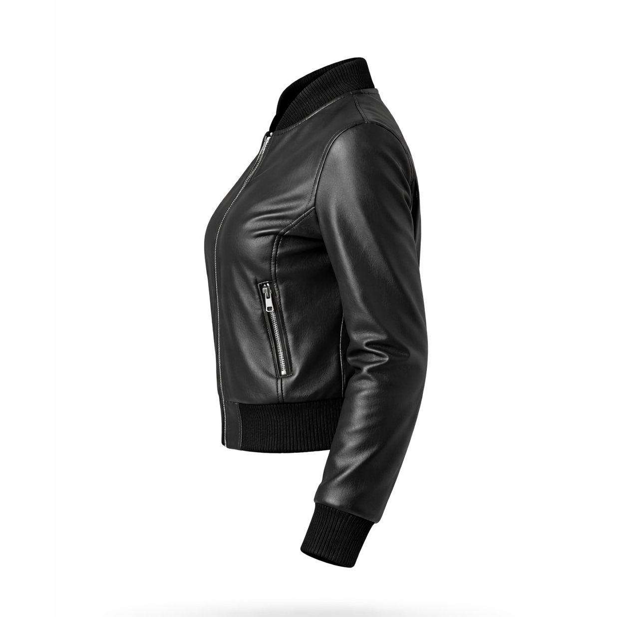 Women’s Black Leather Bomber Jacket Minimal Zip-Up Streetwear, Cropped Fashion Outerwear, Genuine Leather, Casual Chic - Image 3