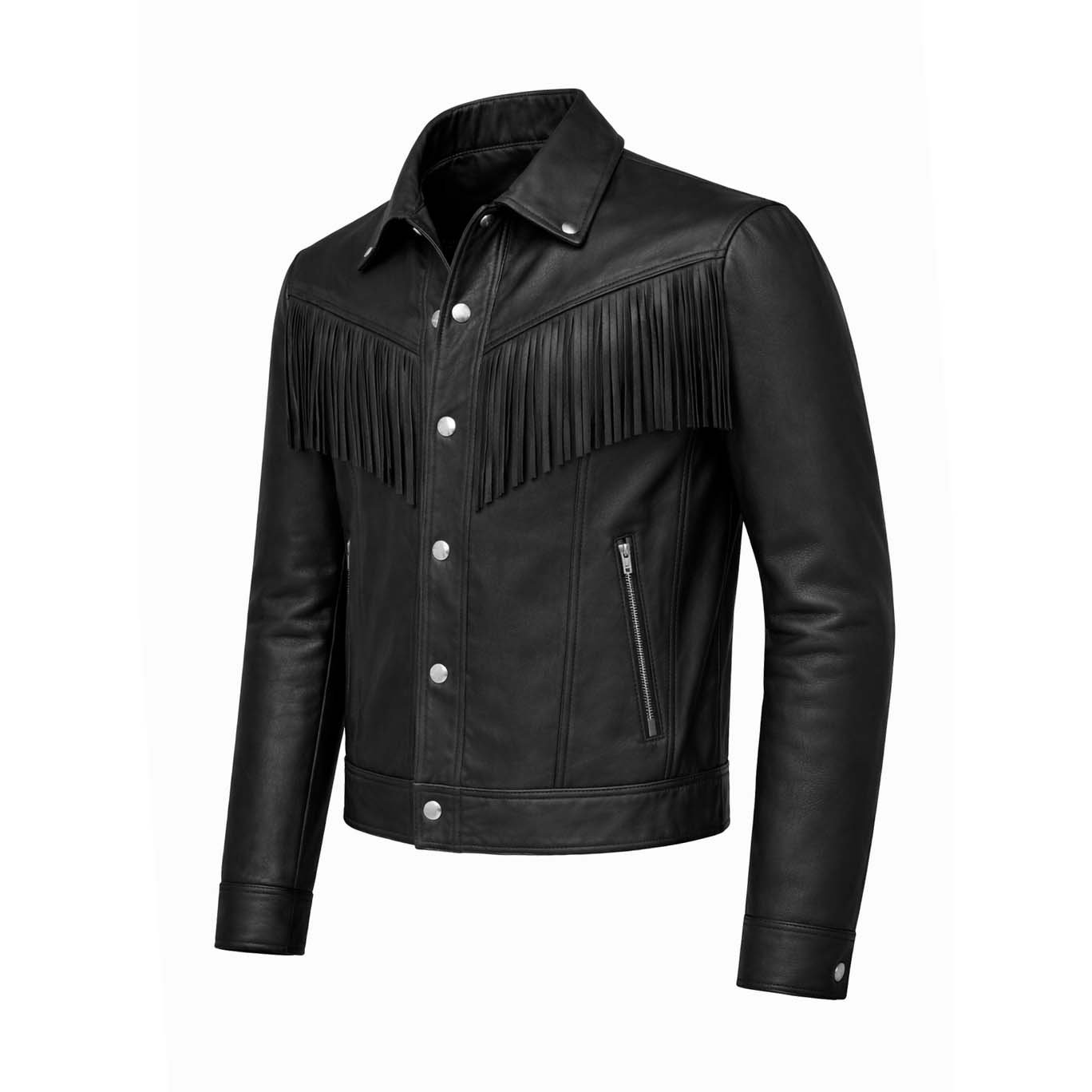 Black Genuine Cow Leather Fringe Jacket for Men Western Cowboy Style Snap Button Biker Jacket Handmade Classic Fashion Coat - Image 3
