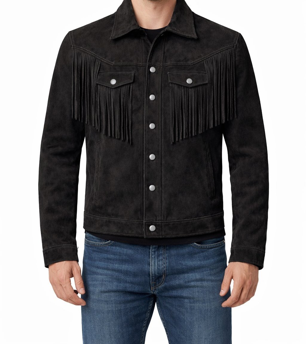 Men’s Black Suede Fringe Jacket Western Cowboy Style Snap Button Trucker Coat - Image 4