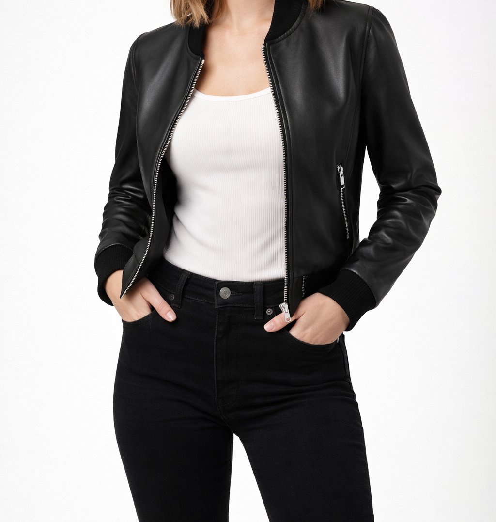 Women’s Black Leather Bomber Jacket Minimal Zip-Up Streetwear, Cropped Fashion Outerwear, Genuine Leather, Casual Chic - Image 7