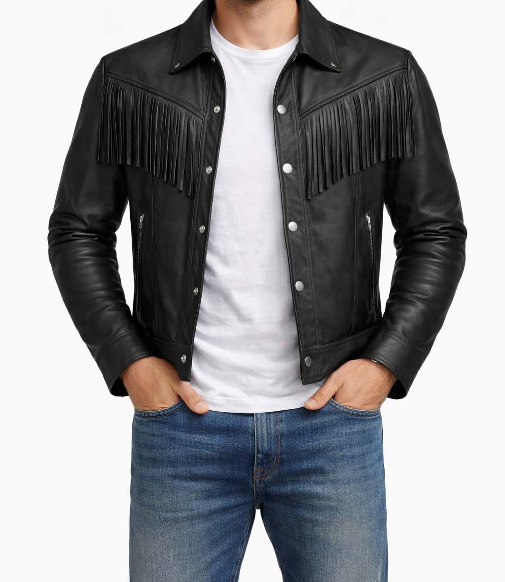 Black Genuine Cow Leather Fringe Jacket for Men Western Cowboy Style Snap Button Biker Jacket Handmade Classic Fashion Coat - Image 4