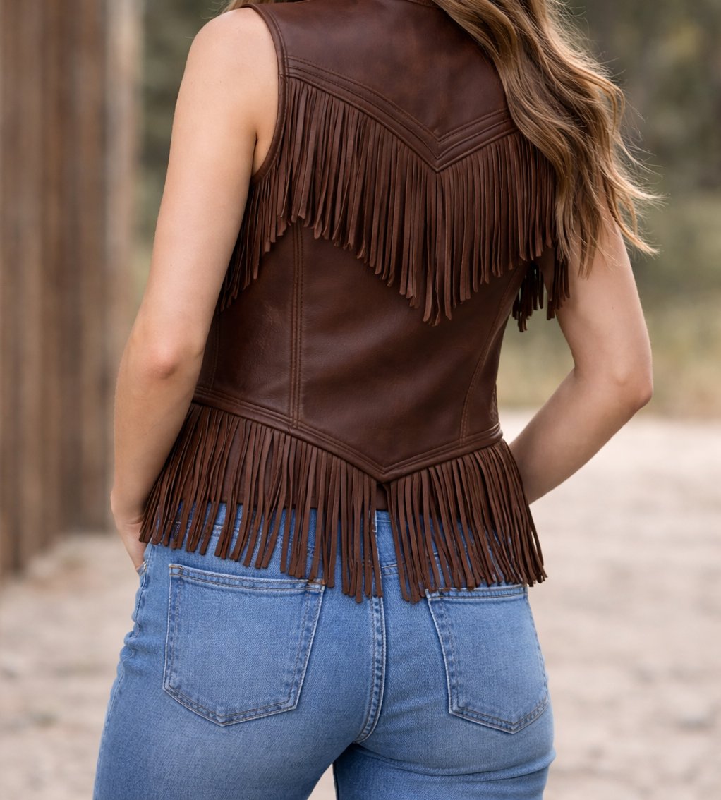 Women’s Dark Brown Leather Fringe Vest Western Sleeveless Cowgirl Jacket Boho Festival Outfit Vintage Biker Style - Image 5