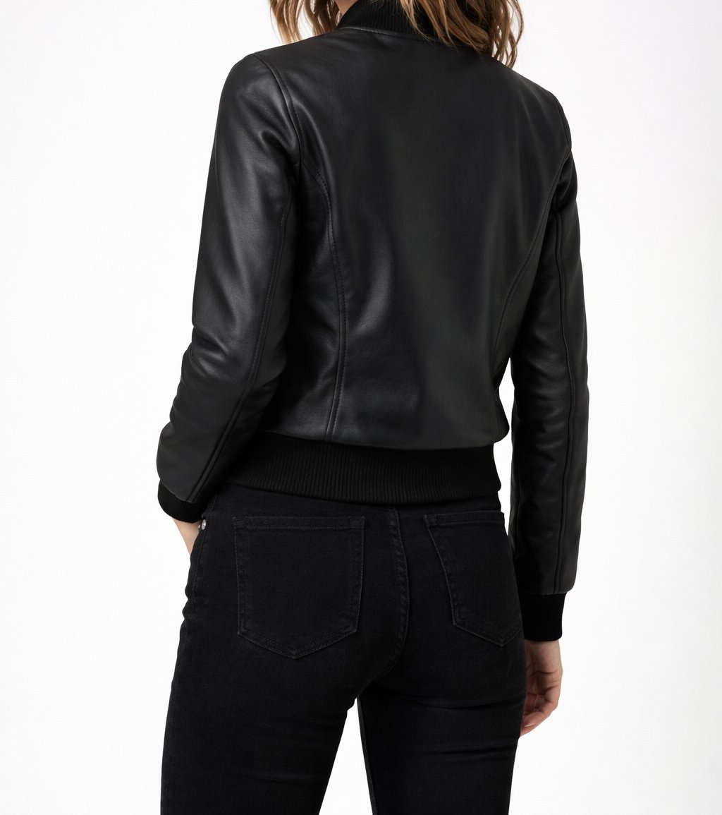 Women’s Black Leather Bomber Jacket Minimal Zip-Up Streetwear, Cropped Fashion Outerwear, Genuine Leather, Casual Chic - Image 5