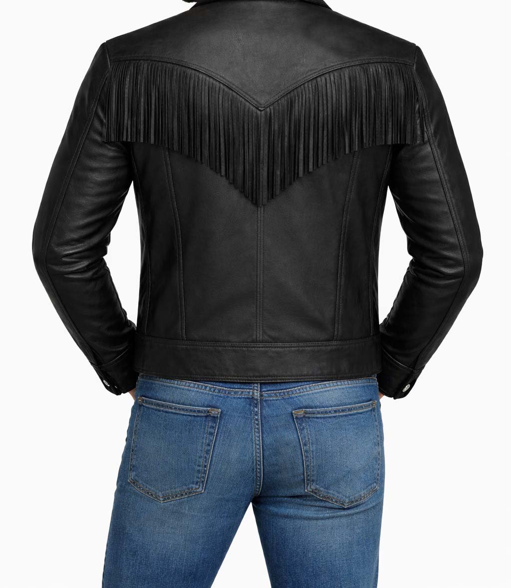 Black Genuine Cow Leather Fringe Jacket for Men Western Cowboy Style Snap Button Biker Jacket Handmade Classic Fashion Coat - Image 5
