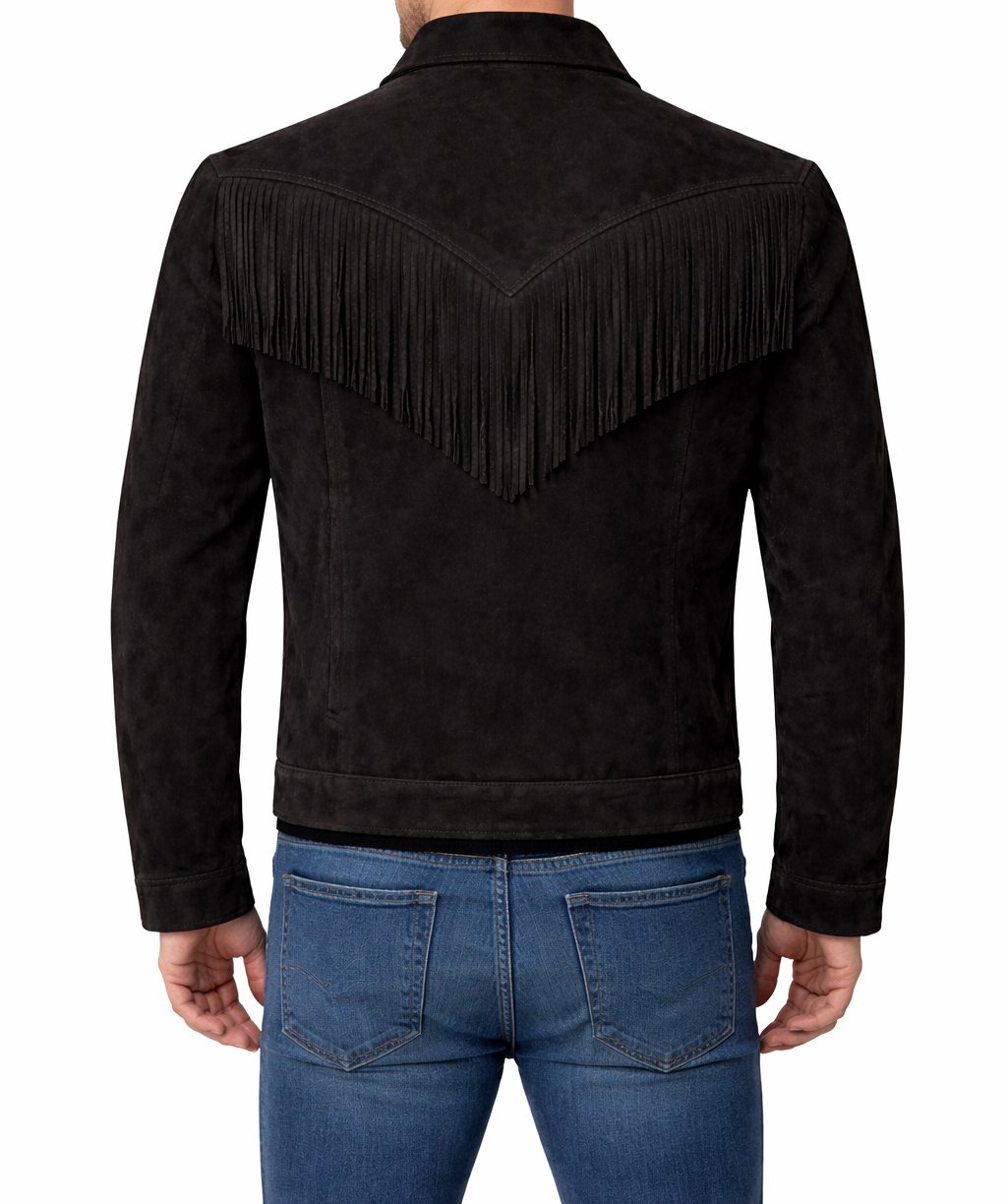 Men’s Black Suede Fringe Jacket Western Cowboy Style Snap Button Trucker Coat - Image 5