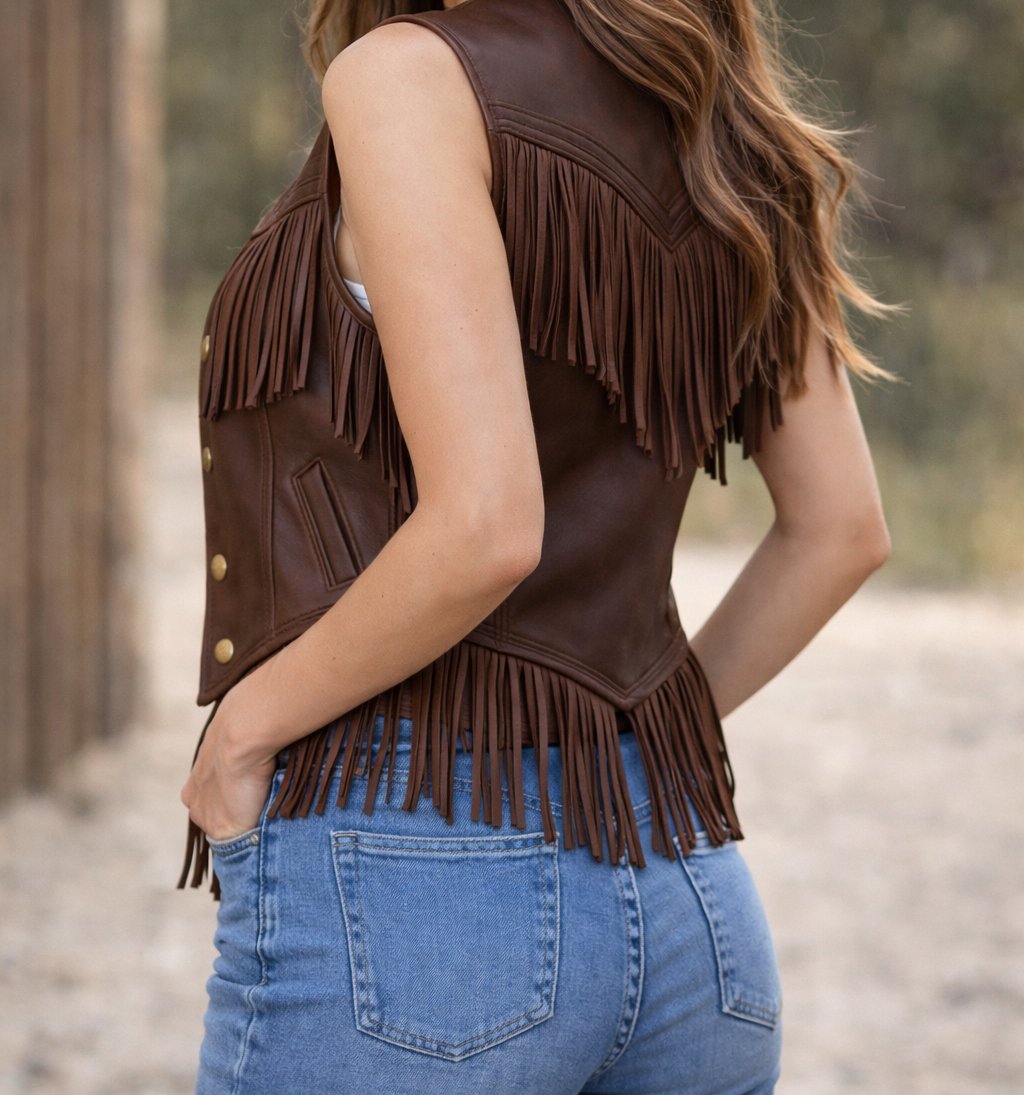 Women’s Dark Brown Leather Fringe Vest Western Sleeveless Cowgirl Jacket Boho Festival Outfit Vintage Biker Style - Image 6