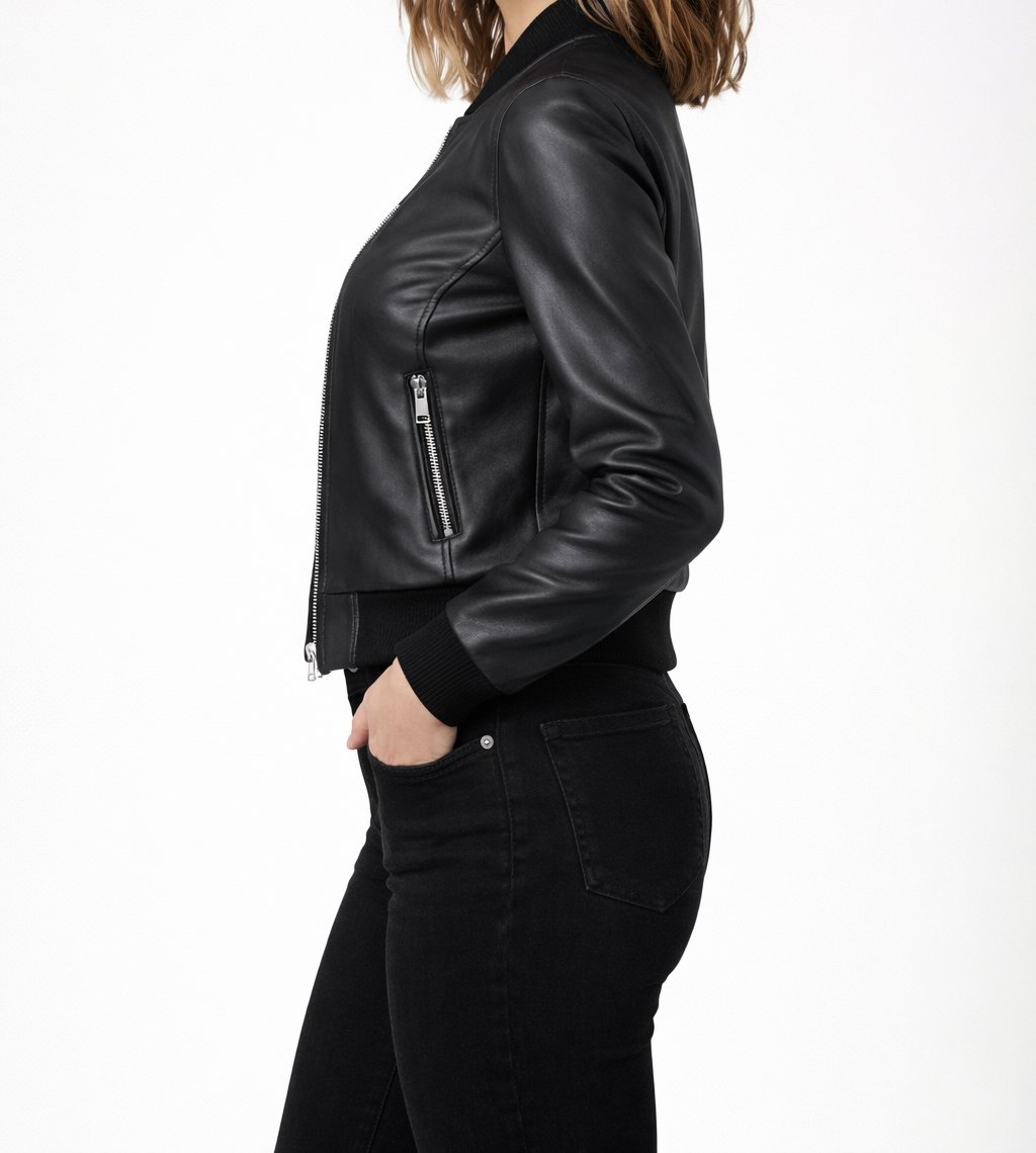 Women’s Black Leather Bomber Jacket Minimal Zip-Up Streetwear, Cropped Fashion Outerwear, Genuine Leather, Casual Chic - Image 6