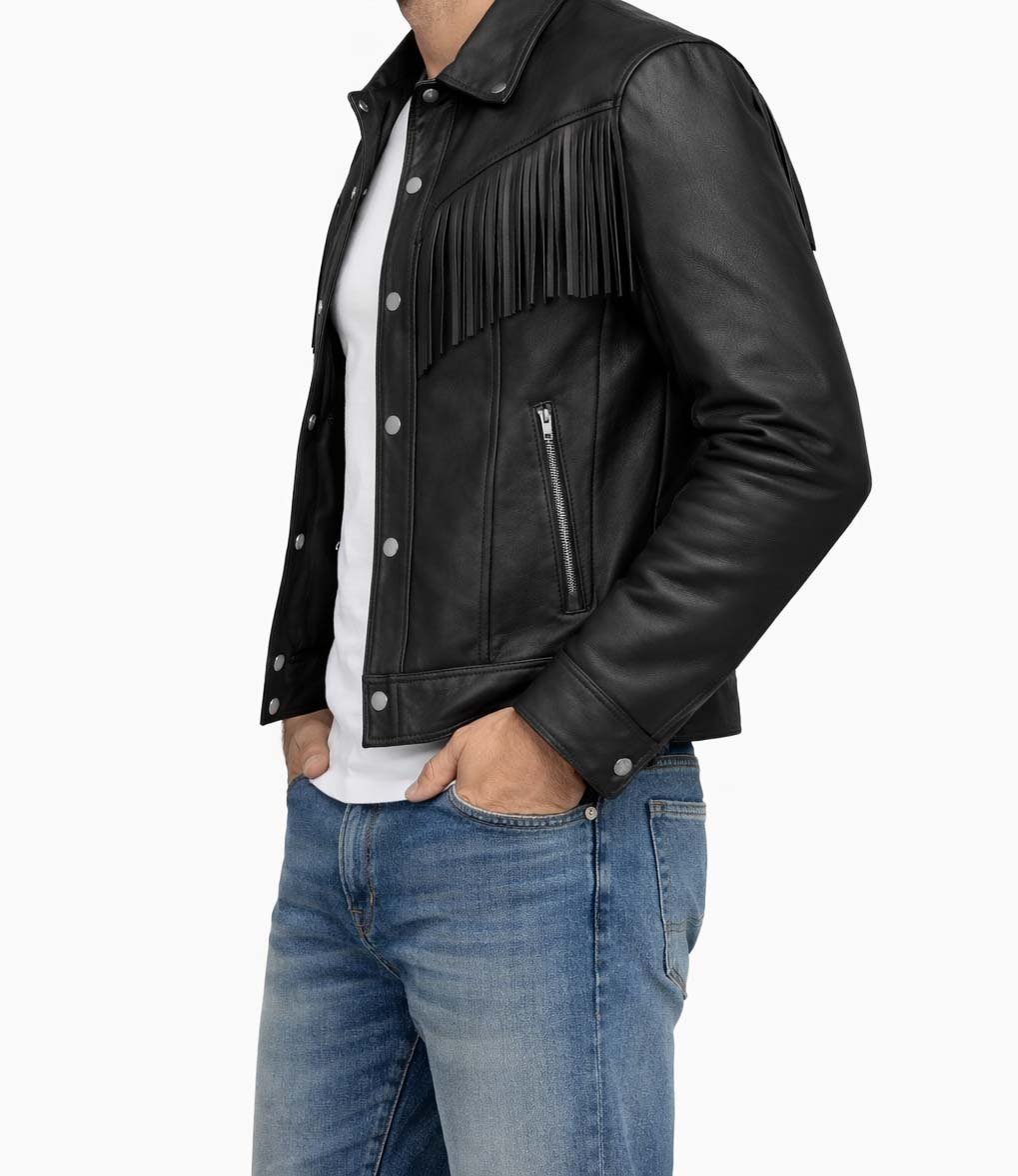 Black Genuine Cow Leather Fringe Jacket for Men Western Cowboy Style Snap Button Biker Jacket Handmade Classic Fashion Coat - Image 6