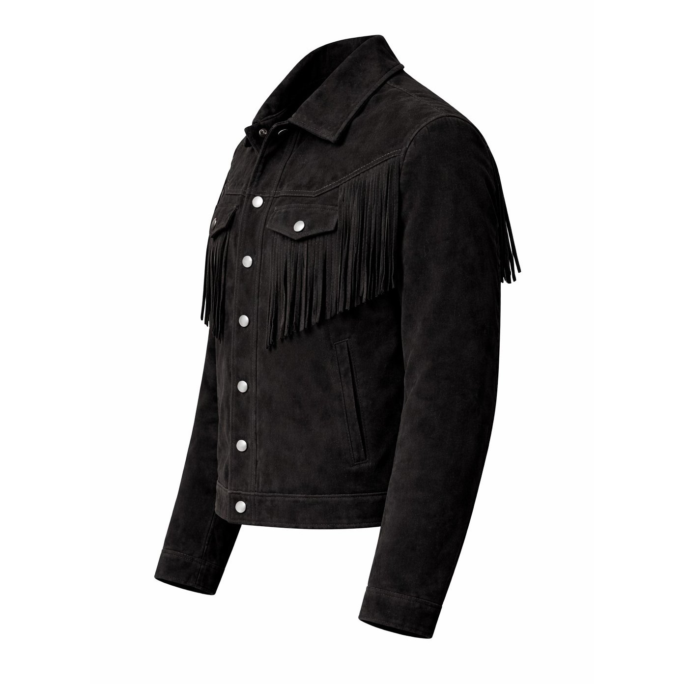 Men’s Black Suede Fringe Jacket Western Cowboy Style Snap Button Trucker Coat - Image 3