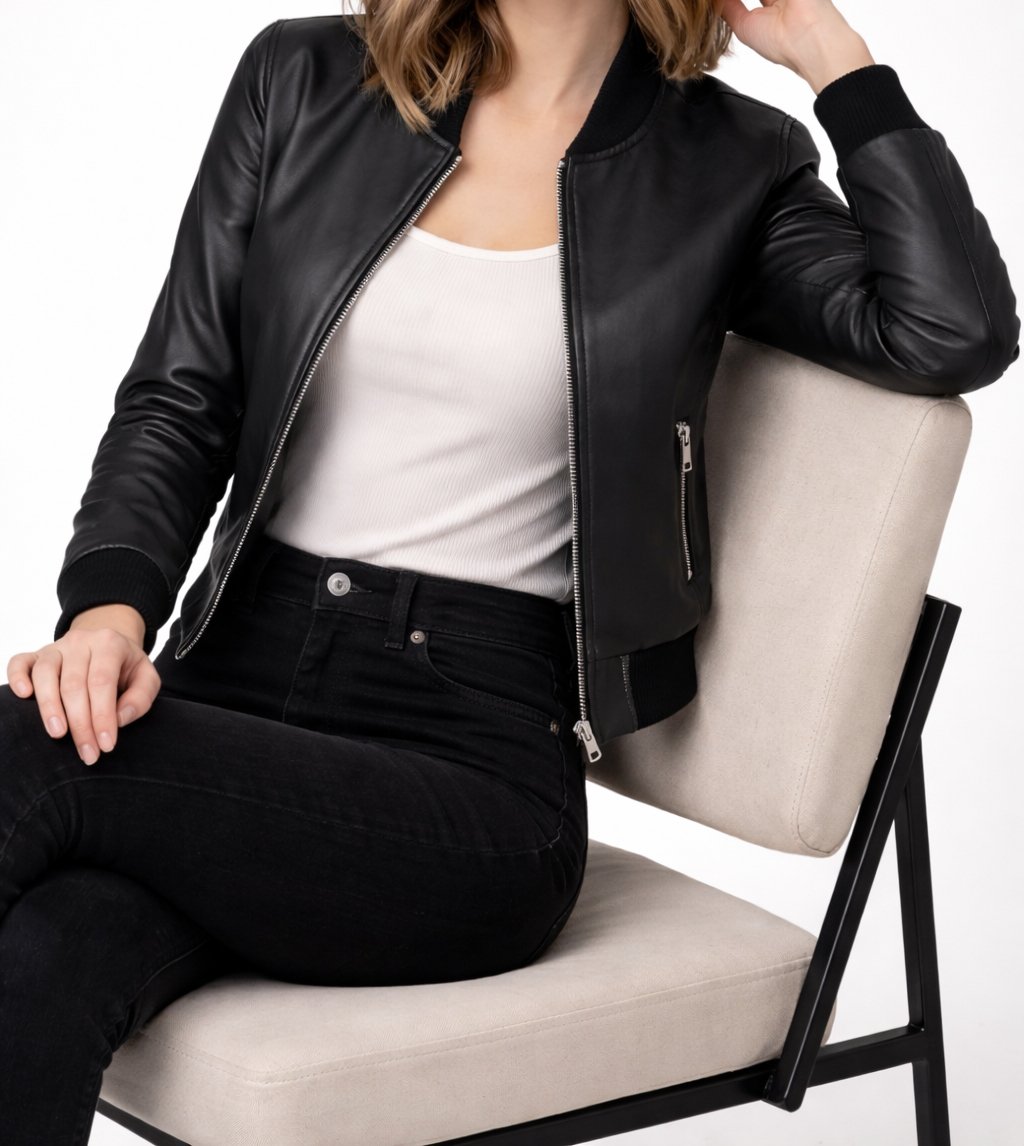 Women’s Black Leather Bomber Jacket Minimal Zip-Up Streetwear, Cropped Fashion Outerwear, Genuine Leather, Casual Chic - Image 4