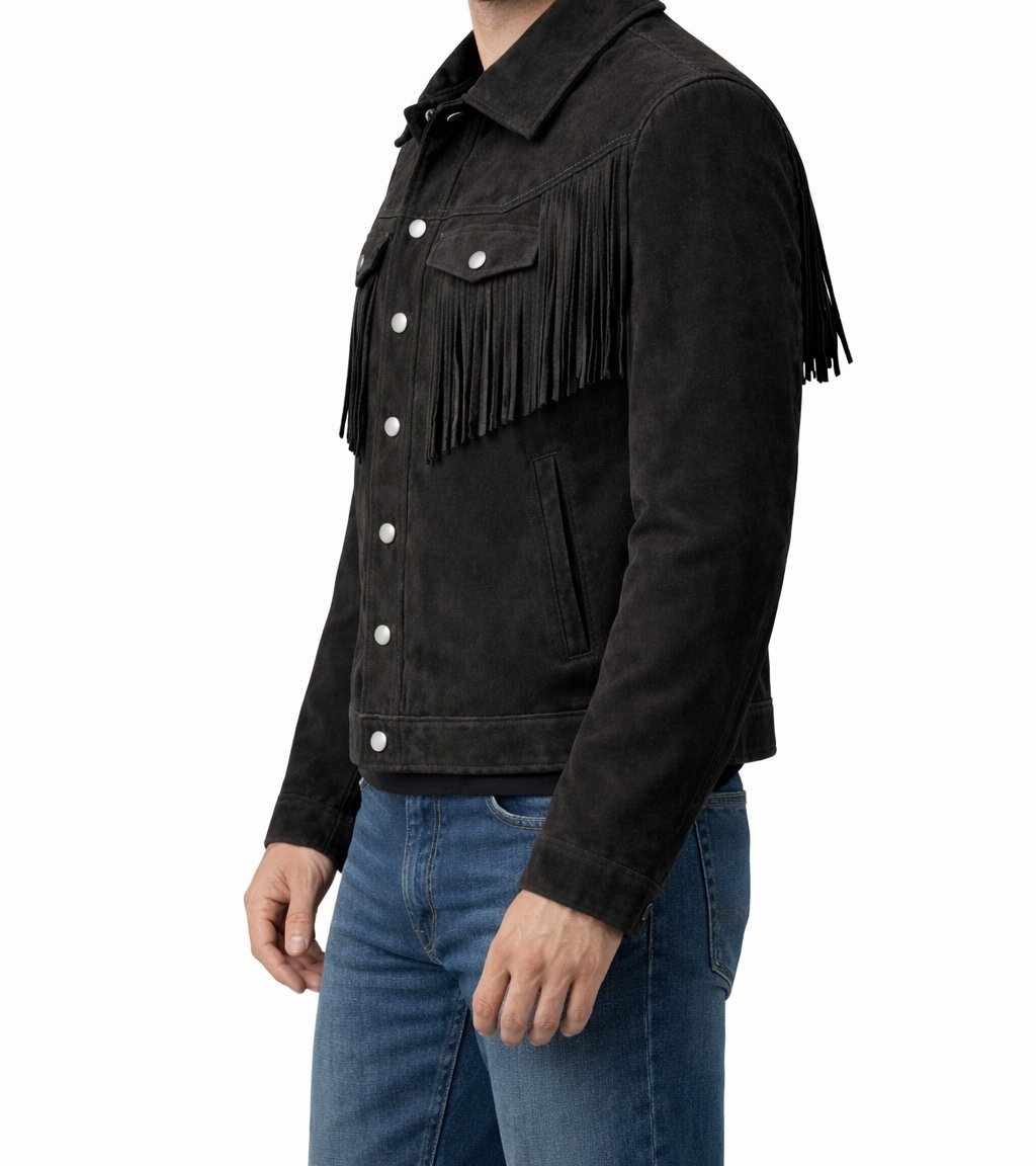 Men’s Black Suede Fringe Jacket Western Cowboy Style Snap Button Trucker Coat - Image 6